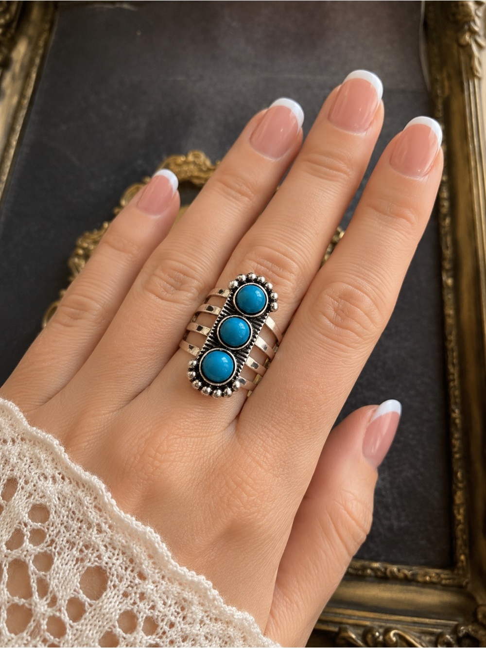 ANTHROPOLOGIE • Silver Triple Turquoise Cabochon Statement Festival Boho Ring - Picture 2 of 8